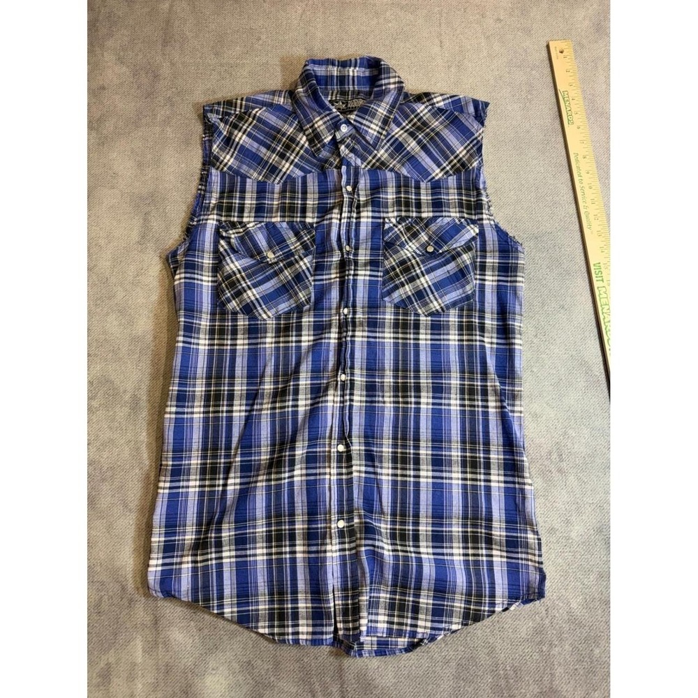 Canyon Guide Outfitters Mens Blue Plaid Sleeveless Western Snap Shirt Medium